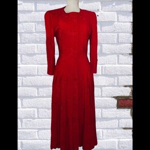 Marie St Claire Vintage 1980s Red Floral Embroidered Long Sleeve Dress